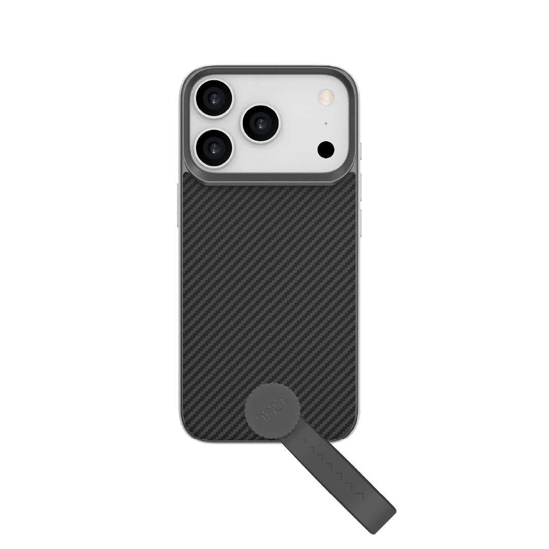 LZEL MagCarbon Strap Carbon Design with 360ยฐ Grip and Raised-Edge Protection Case for iPhone 17 Pro | Black