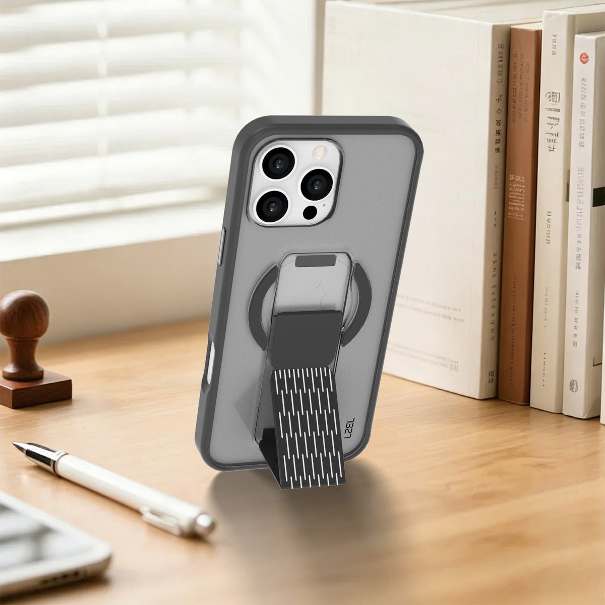 LZEL MatteMag Kickstand Matte Strap MagSafe Case with Enhanced Edge Protection for iPhone 16 Pro Max | Light Black