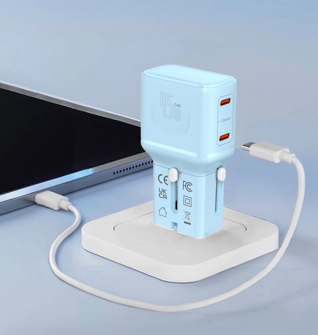 LZEL TravelPro Series Dual Port GaN Travel Wall Charger 45W I Dual Type-C Output I Global compatibility I Blue