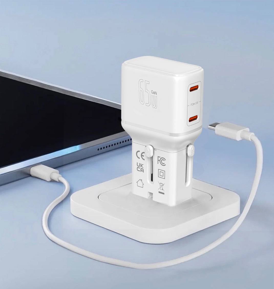 LZEL TravelPro Series Dual Port GaN Travel Wall Charger 65W I Dual Type-C Output I Global compatibility I White