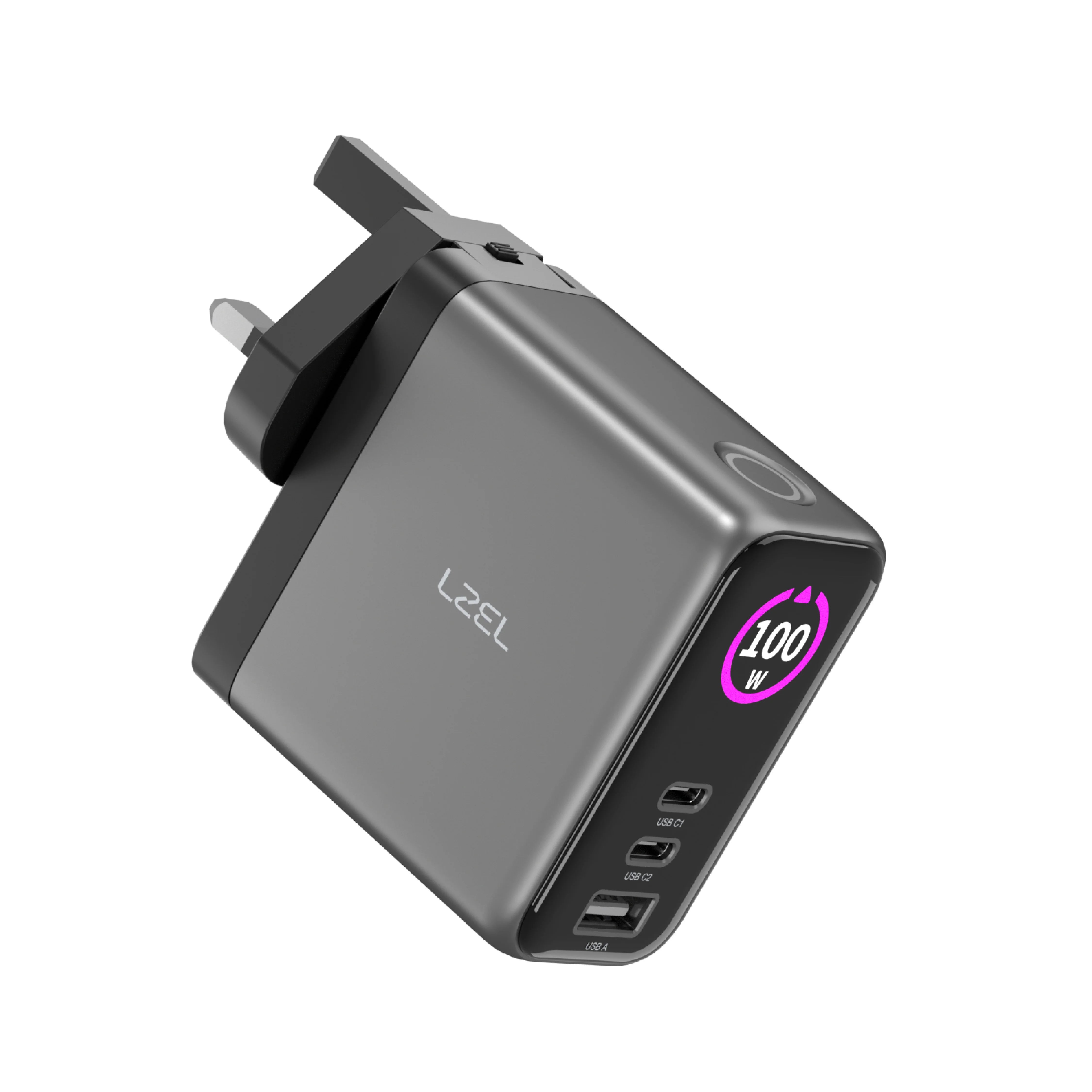 LZEL 100W GaN Travel Charger with 3-Port PD Digital Display & UK/EU/AU Plugs | Gray/Black