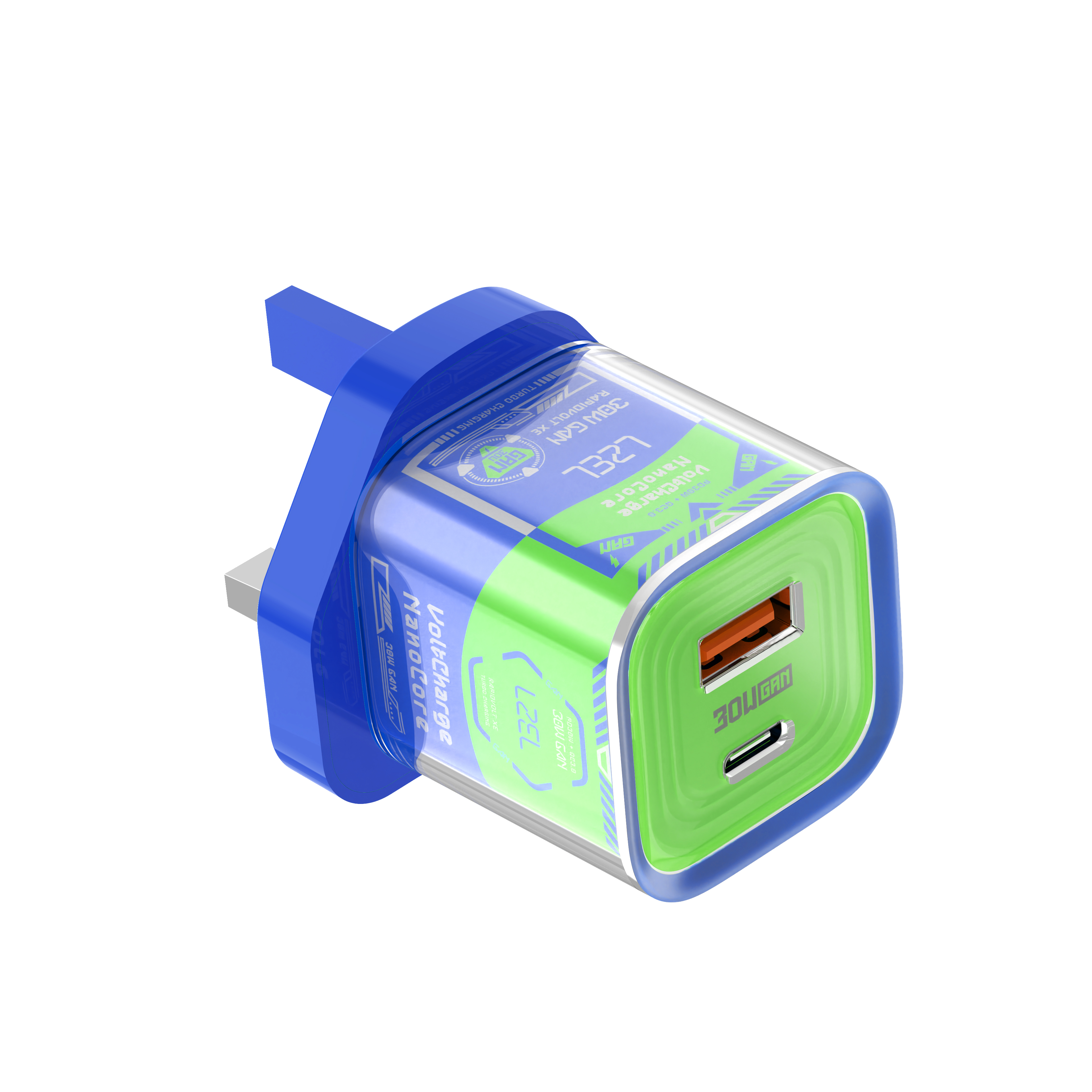 LZEL VoltCharge NanoCore – 30W GaN Transparent Wall Charger | Blue/Green