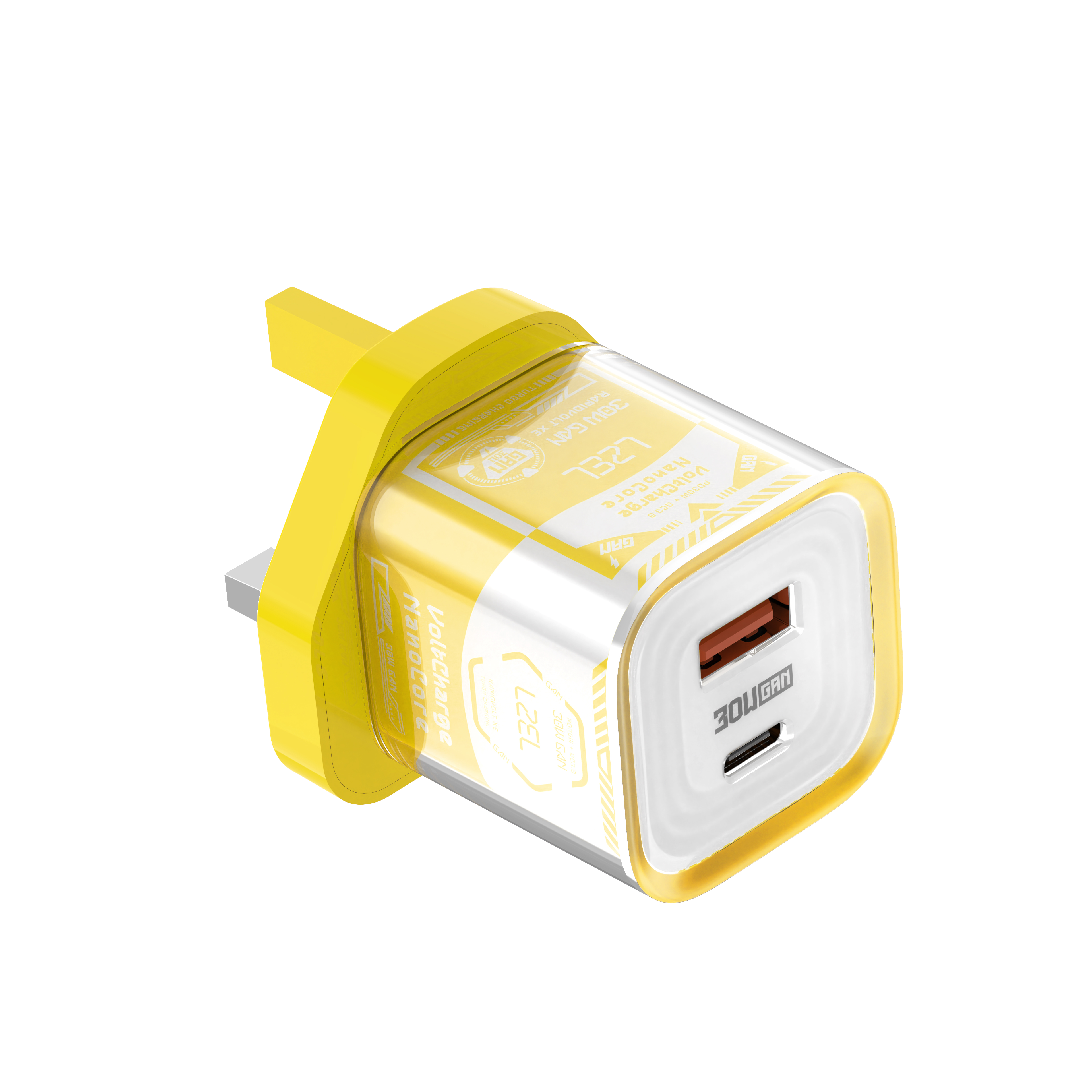 LZEL VoltCharge NanoCore – 30W GaN Transparent Wall Charger | Yellow/White