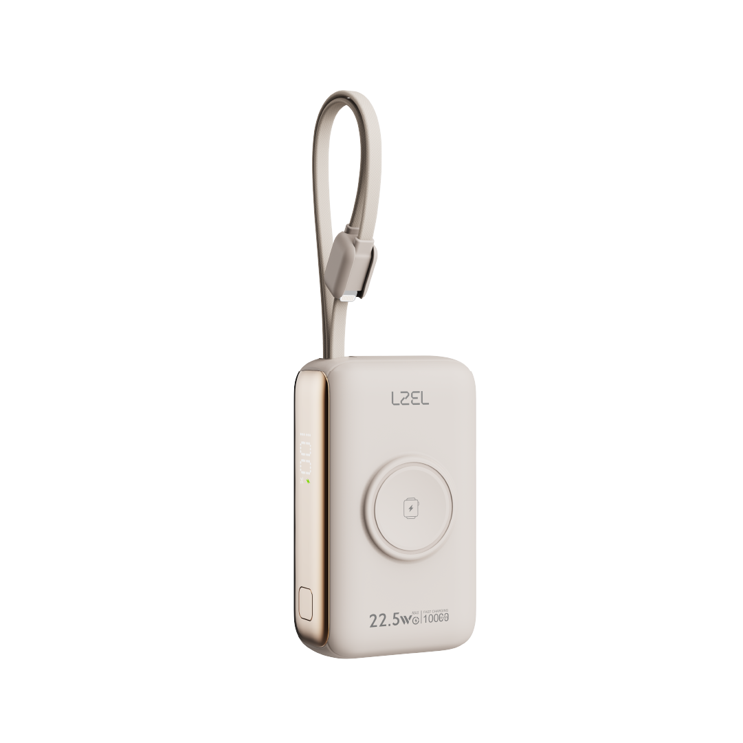 LZEL Ampflow10 Mini 10000Mah Pd Power Bank 22.5W | Built-In Type-C & Lightning Cable | Wireless Charging | Beige
