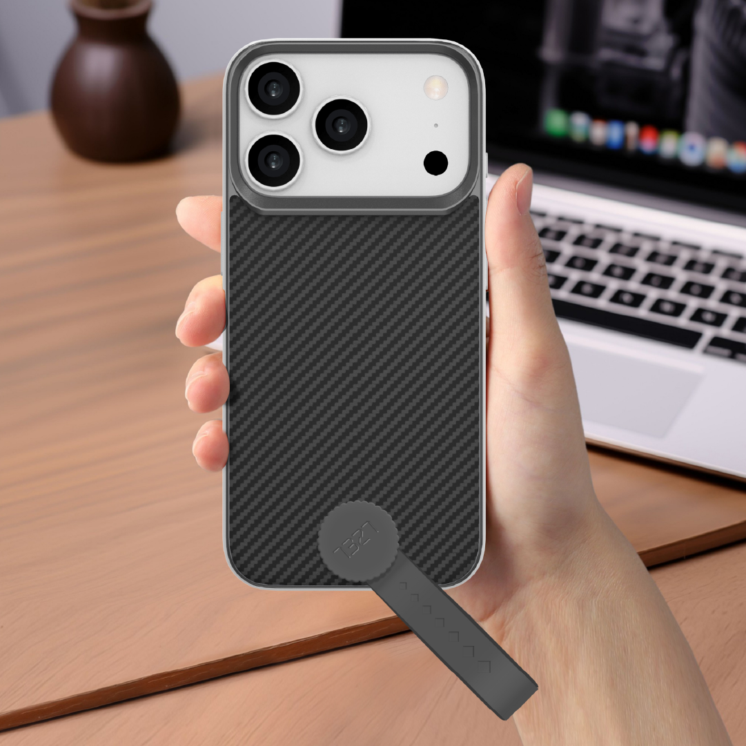 LZEL MagCarbon Strap Carbon Design with 360° Grip and Raised-Edge Protection Case for iPhone 17 Pro Max | Black