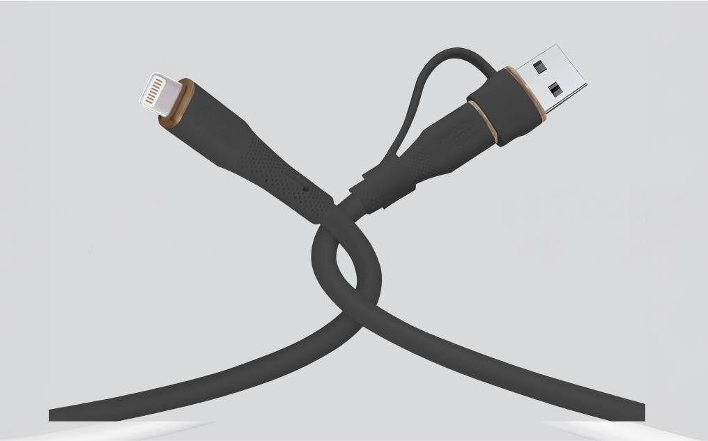LZEL Celeris PowerDuo – 2-in-1 USB-C to Lightning 27W Silicone Cable (30cm) Built-in USB-A Connector | Black