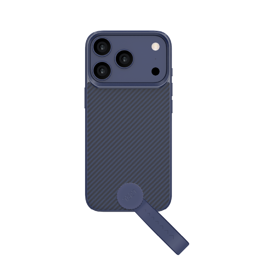 LZEL MagCarbon Strap Carbon Design with 360° Grip and Raised-Edge Protection Case for iPhone 17 Pro Max | Dark Blue