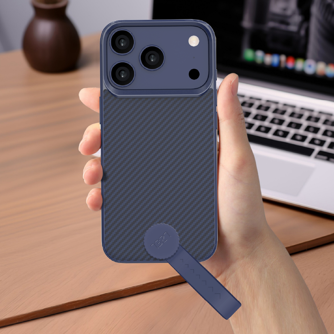 LZEL MagCarbon Strap Carbon Design with 360° Grip and Raised-Edge Protection Case for iPhone 17 Pro Max | Dark Blue