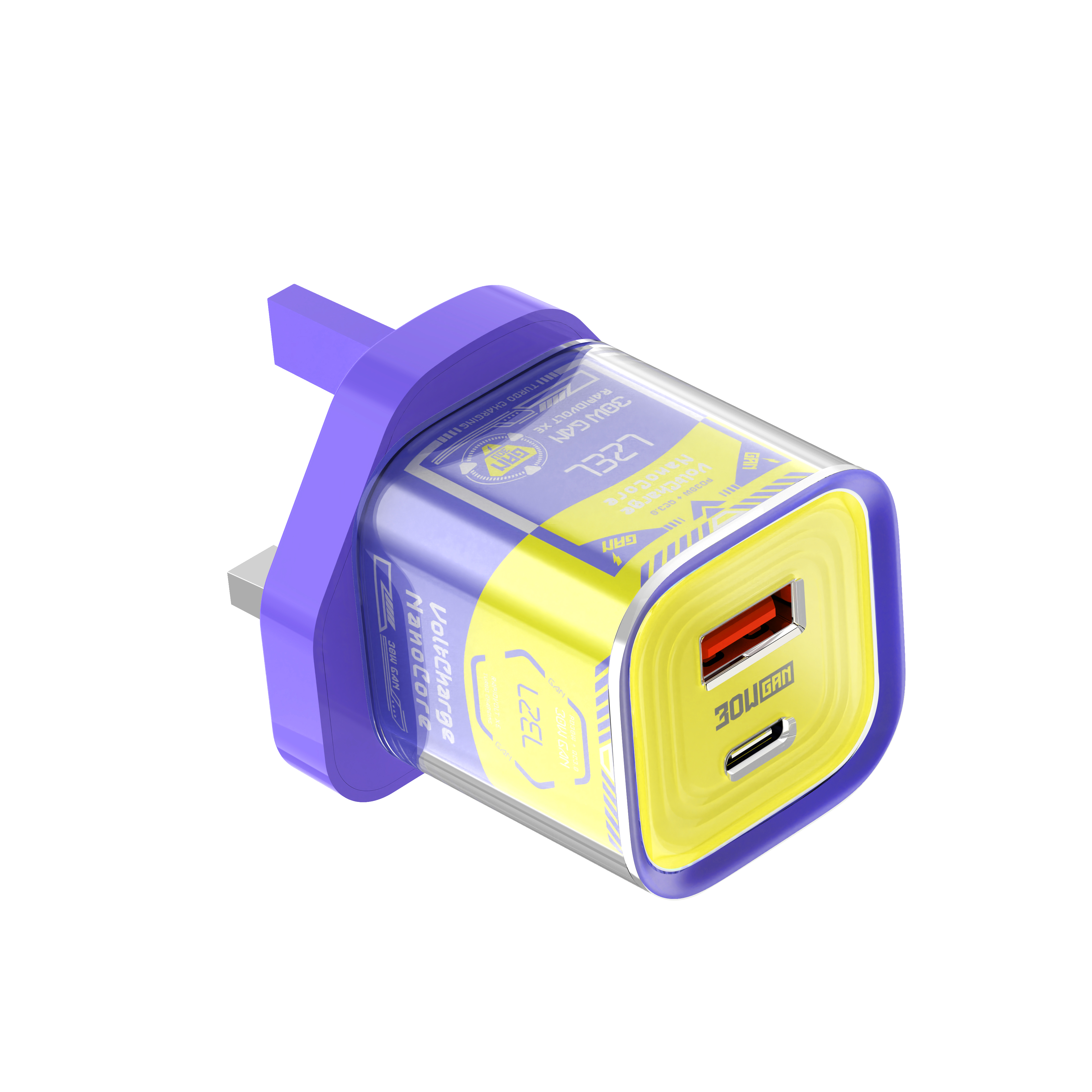 LZEL VoltCharge NanoCore – 30W GaN Transparent Wall Charger | Purple/Yellow