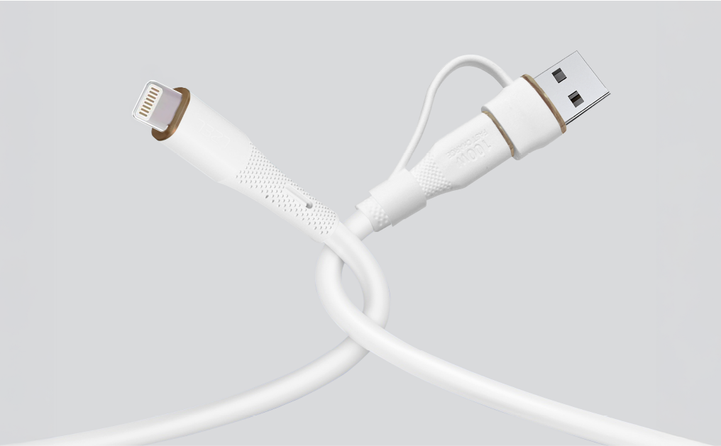 كابل سيليكون LZEL Celeris PowerDuo 2 في 1 من USB-C إلى Lightning بقوة 27 واط (30 سم) مع موصل USB-A مدمج | أبيض 