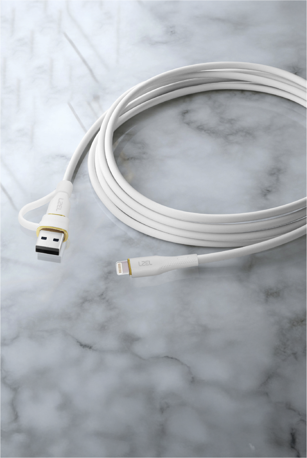 كابل سيليكون LZEL Celeris PowerDuo 2 في 1 من USB-C إلى Lightning بقوة 27 واط (1 متر) مع موصل USB-A مدمج | أبيض 