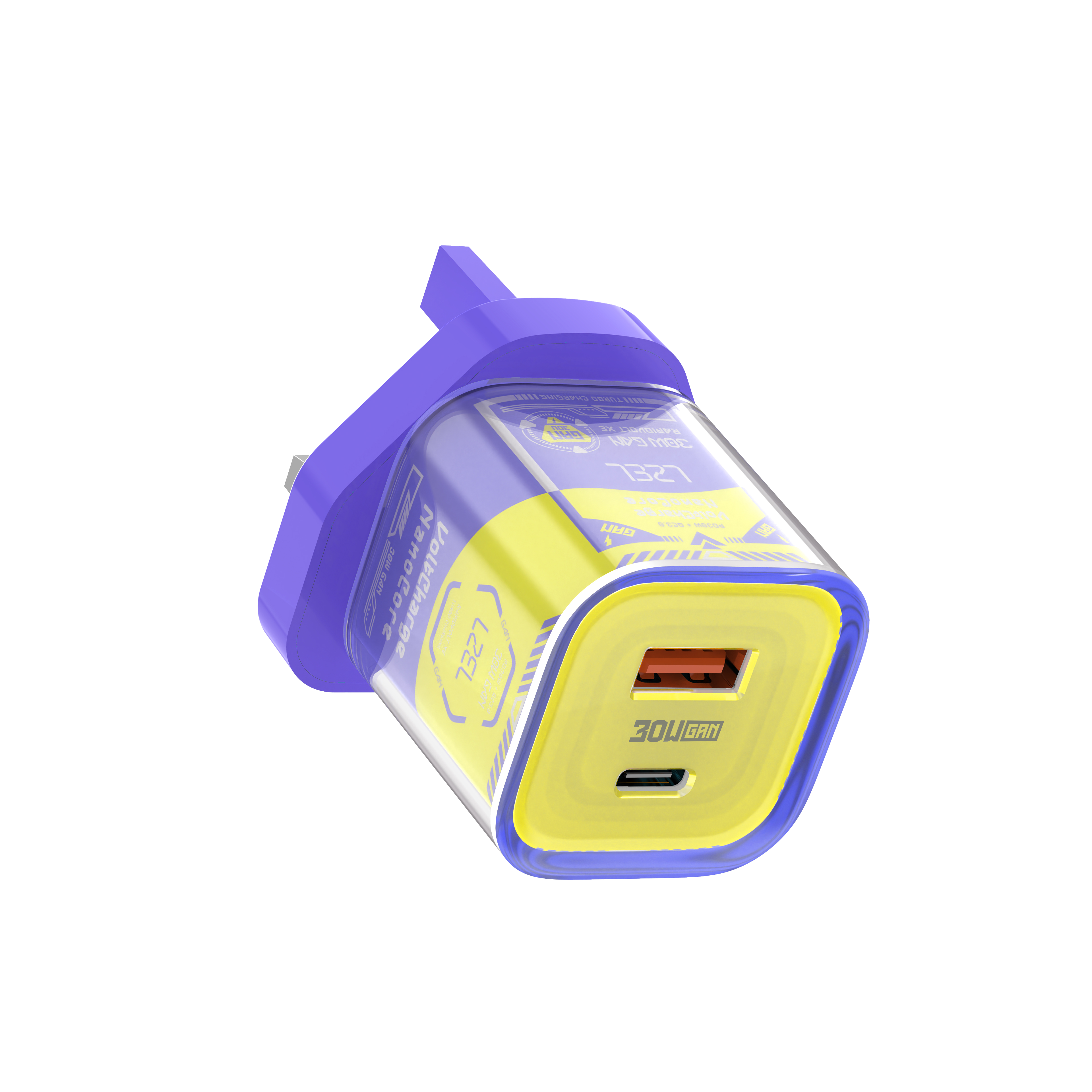 LZEL VoltCharge NanoCore – 30W GaN Transparent Wall Charger | Purple/Yellow
