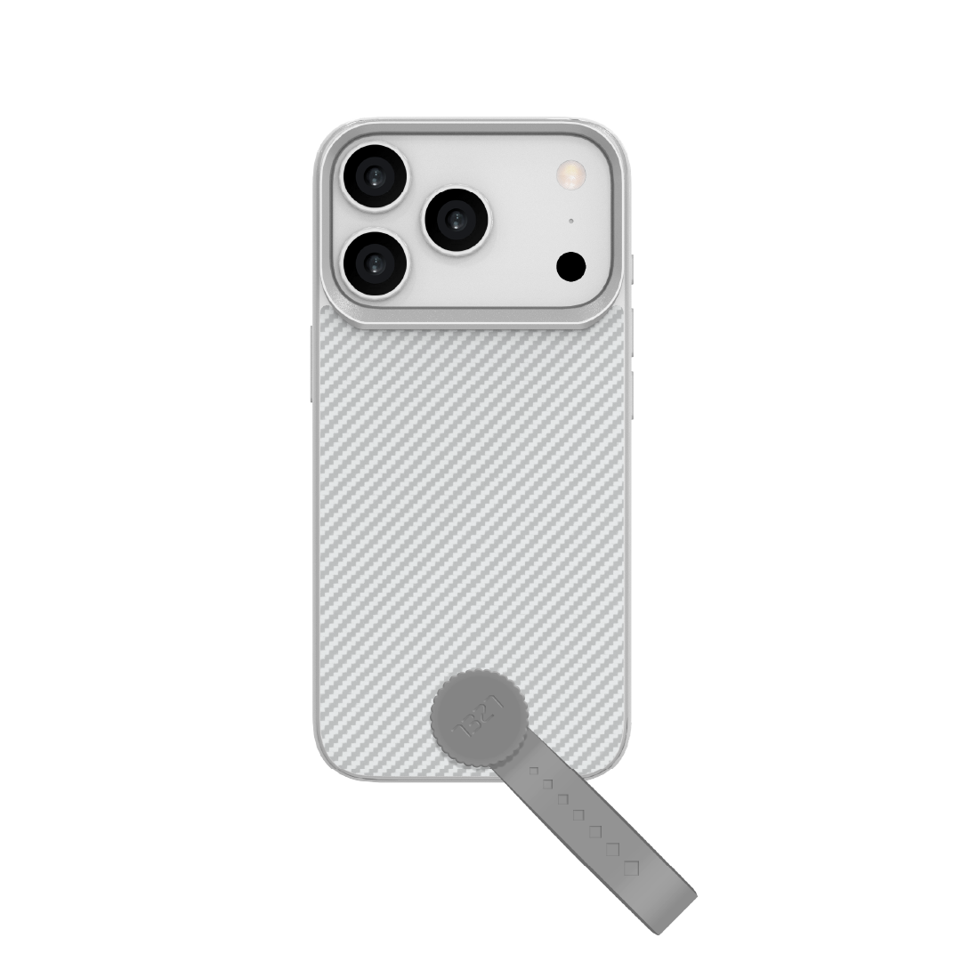 LZEL MagCarbon Strap Carbon Design with 360° Grip and Raised-Edge Protection Case for iPhone 17 Pro Max |  Light Gray