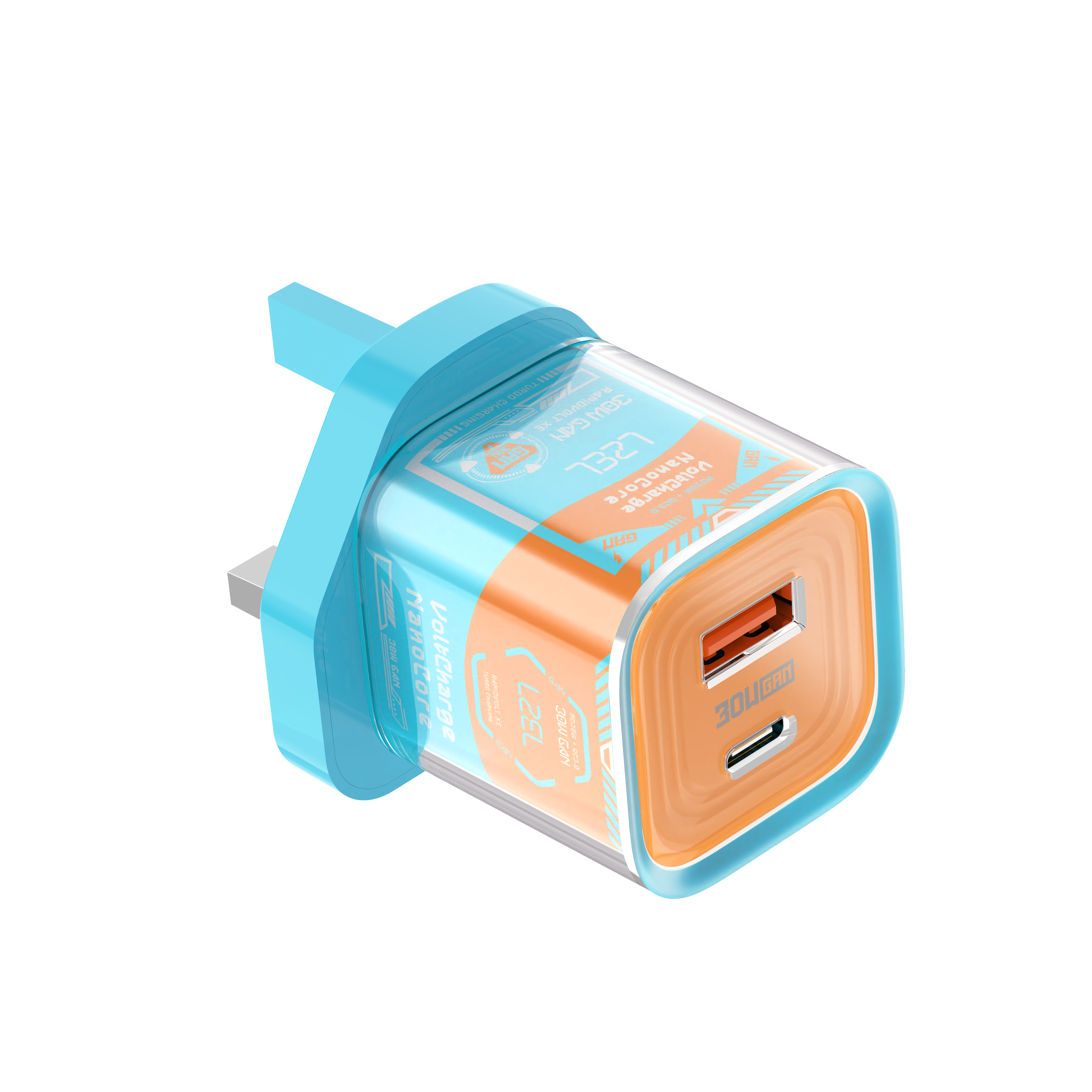 LZEL VoltCharge NanoCore – 30W GaN Transparent Wall Charger | Sky Blue/Orange