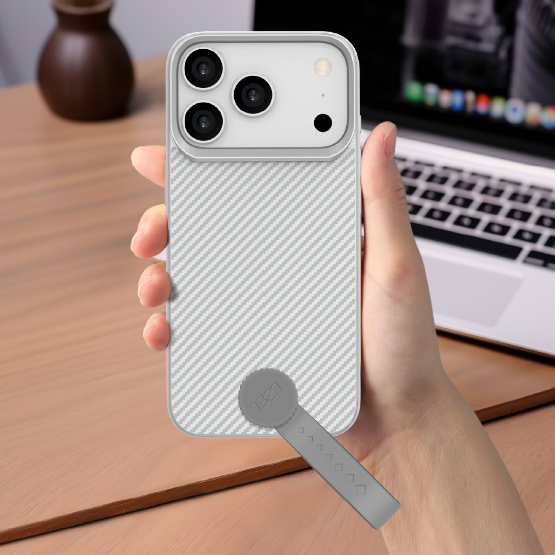 LZEL MagCarbon Strap Carbon Design with 360° Grip and Raised-Edge Protection Case for iPhone 17 Pro Max |  Light Gray