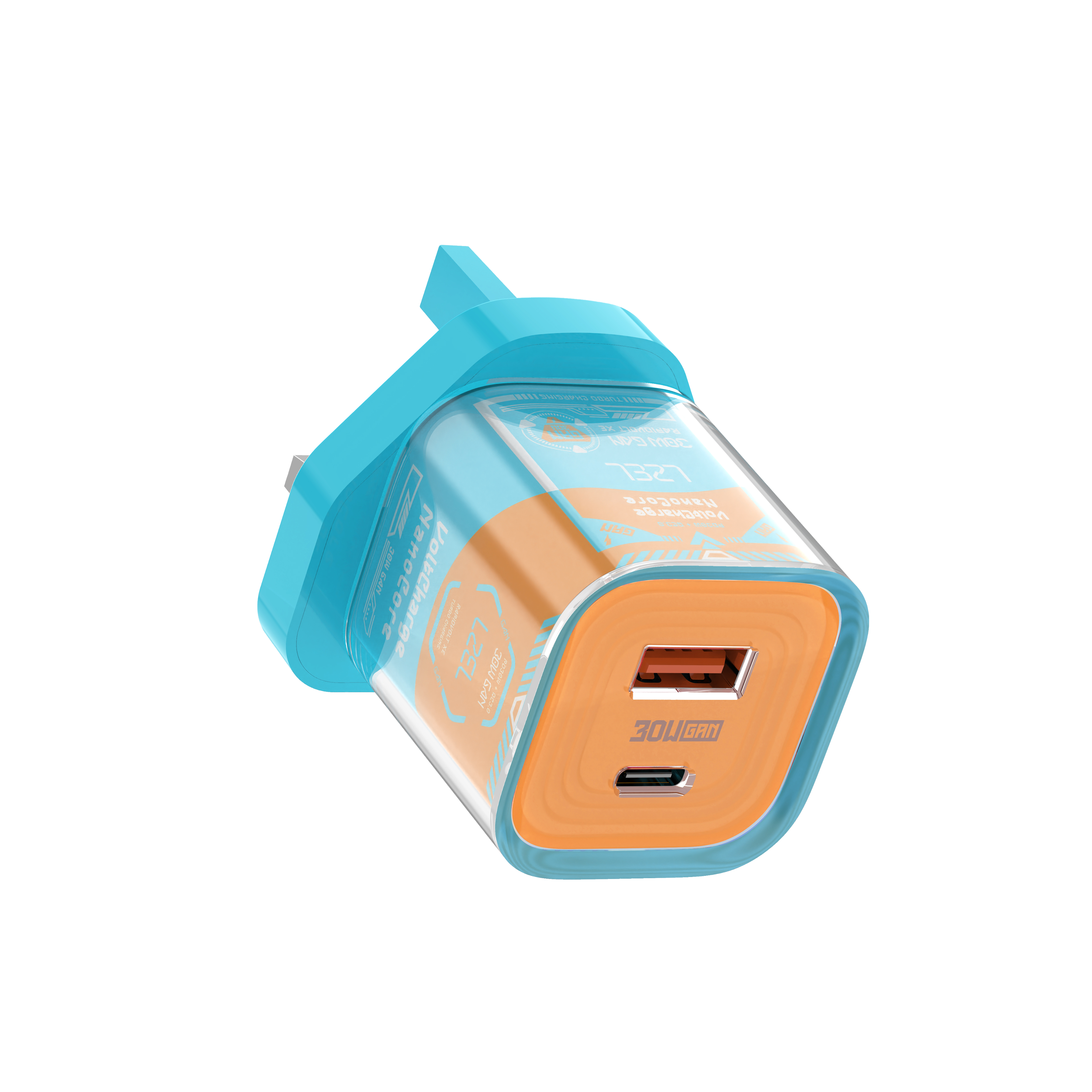 LZEL VoltCharge NanoCore – 30W GaN Transparent Wall Charger | Sky Blue/Orange