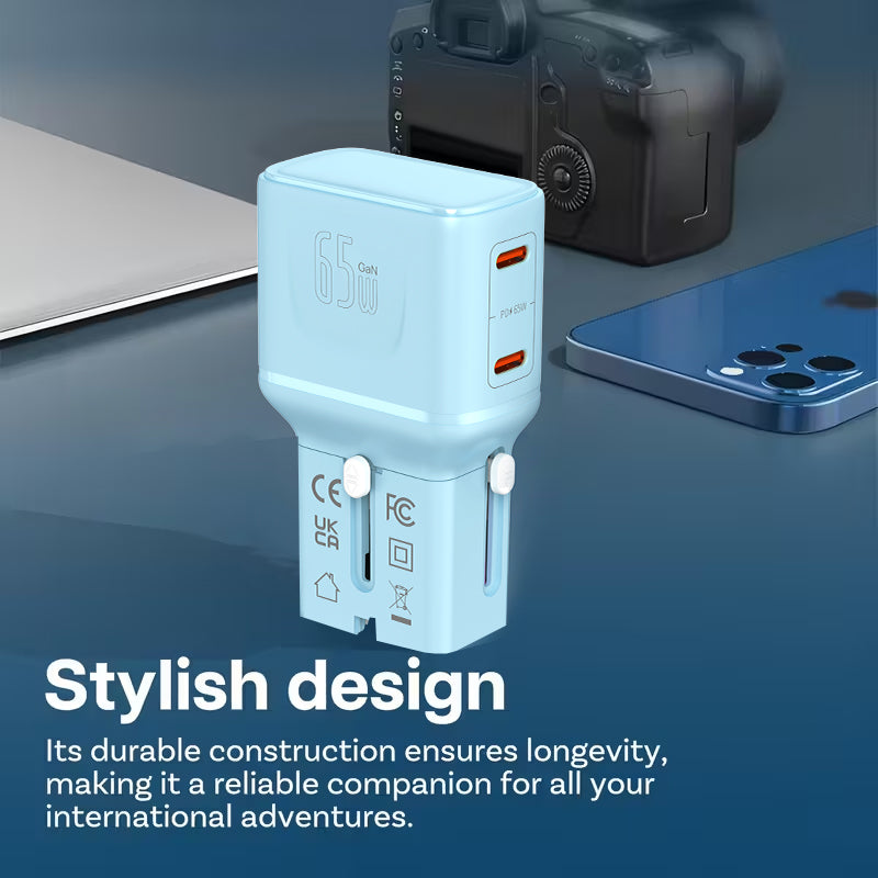 LZEL TravelPro Series Dual Port GaN Travel Wall Charger 65W I Dual Type-C Output I Global compatibility I Blue