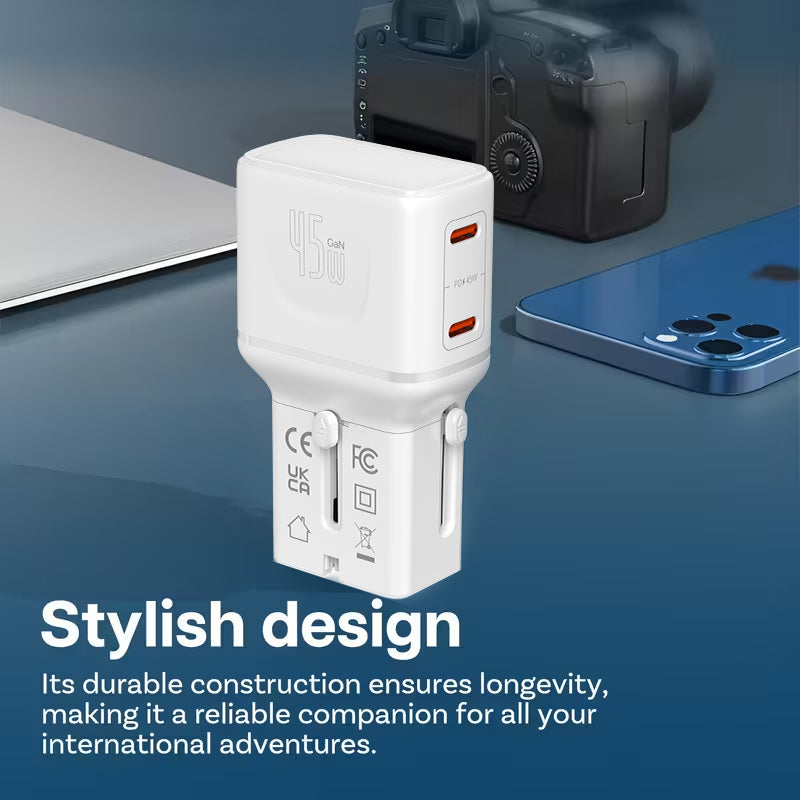 LZEL TravelPro Series Dual Port GaN Travel Wall Charger 45W I Dual Type-C Output I Global compatibility I White