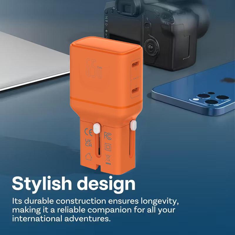 LZEL TravelPro Series Dual Port GaN Travel Wall Charger 65W I Dual Type-C Output I Global compatibility I Orange