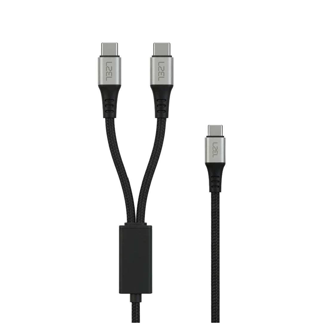 كابل LZEL Celeris Power C Twin Fabric Braided 100W USB-C إلى USB-C X 2 مع كابل Splitter بطول 1.2 متر | أسود