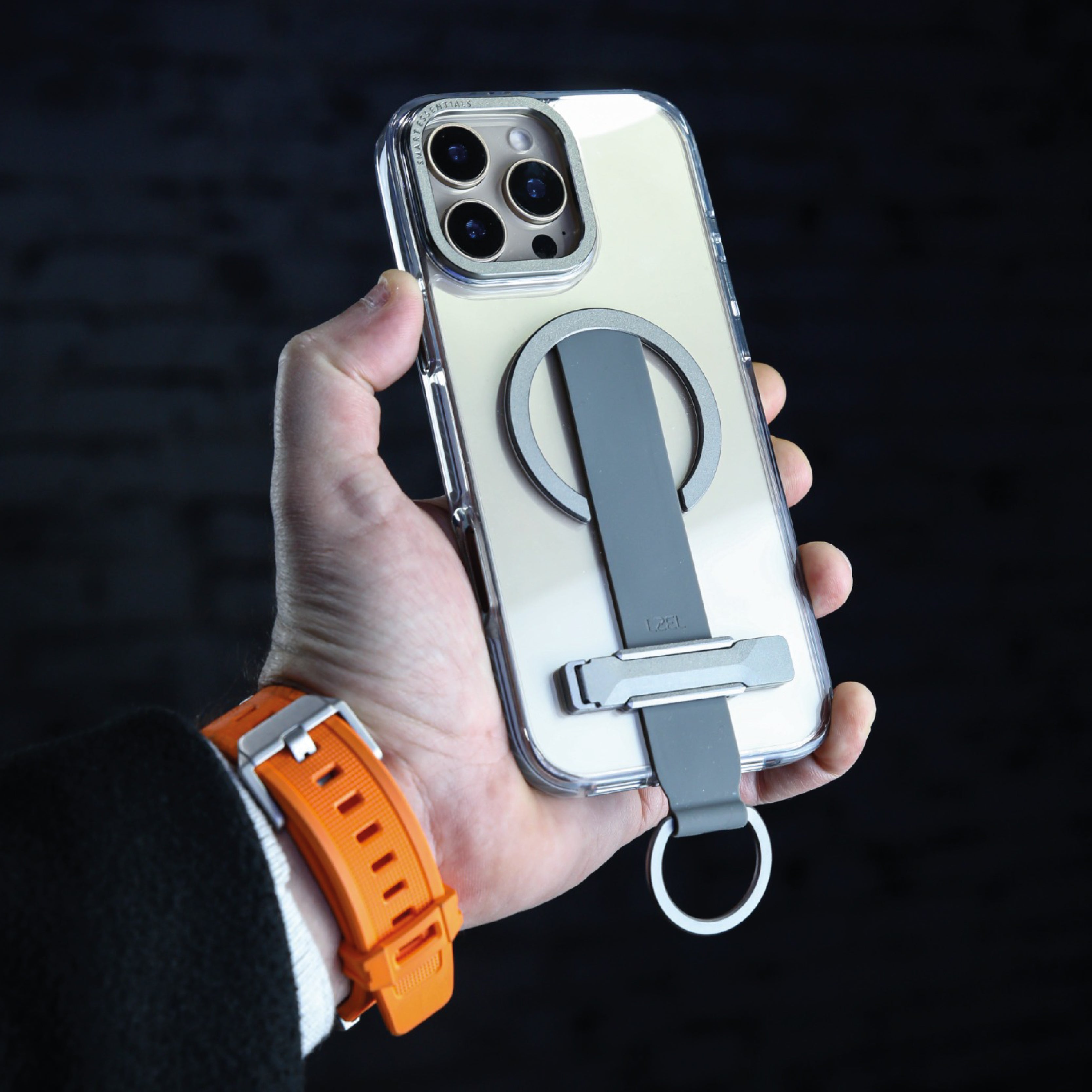 LZEL iPhone 16 Pro Max Primemag Grip Anti-drop Case With Metal Ring And Silicone Band Clear/Gray