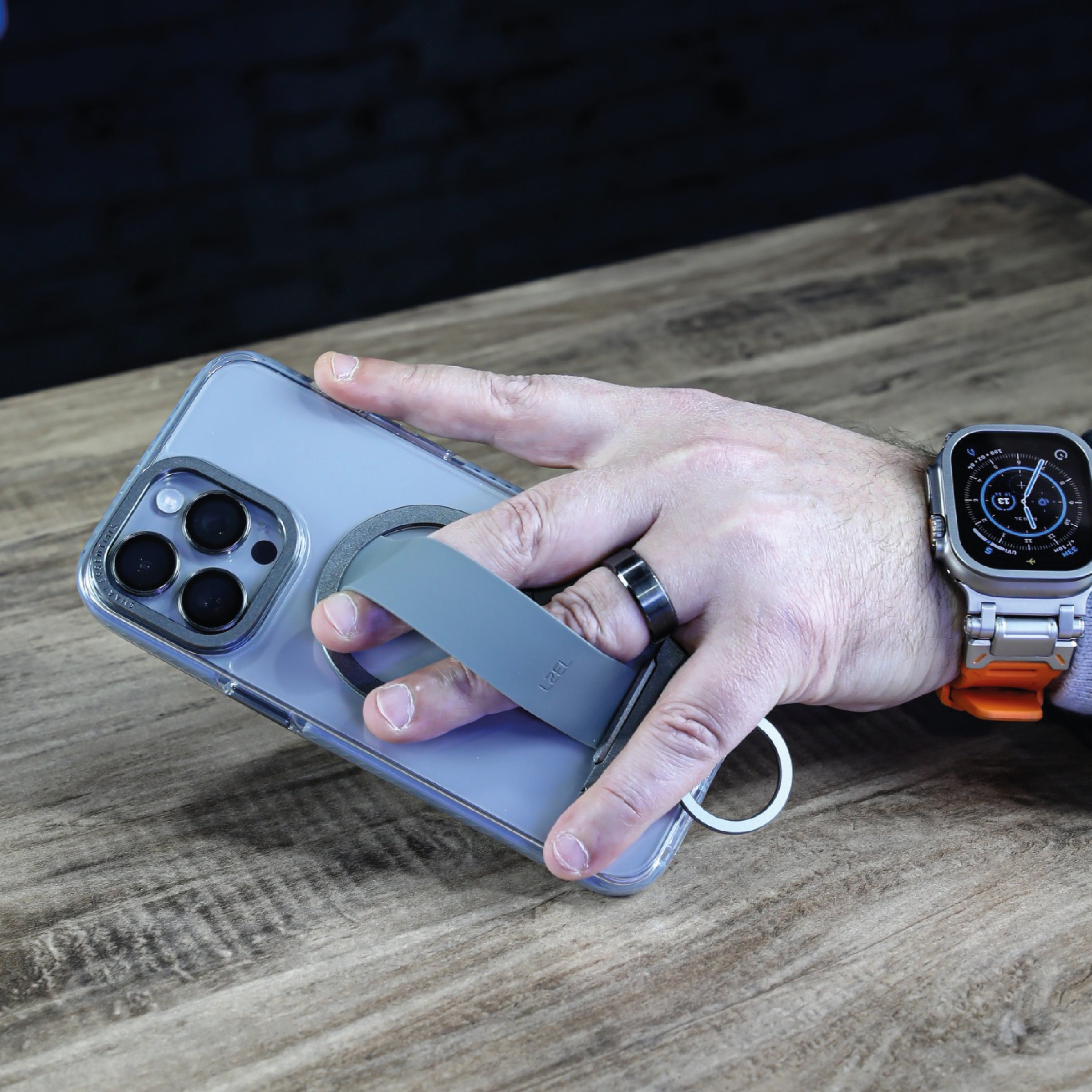 Lzel iPhone 15 Pro Primemag Grip Anti-drop Case With Metal Ring And Silicone Band Clear/Gray