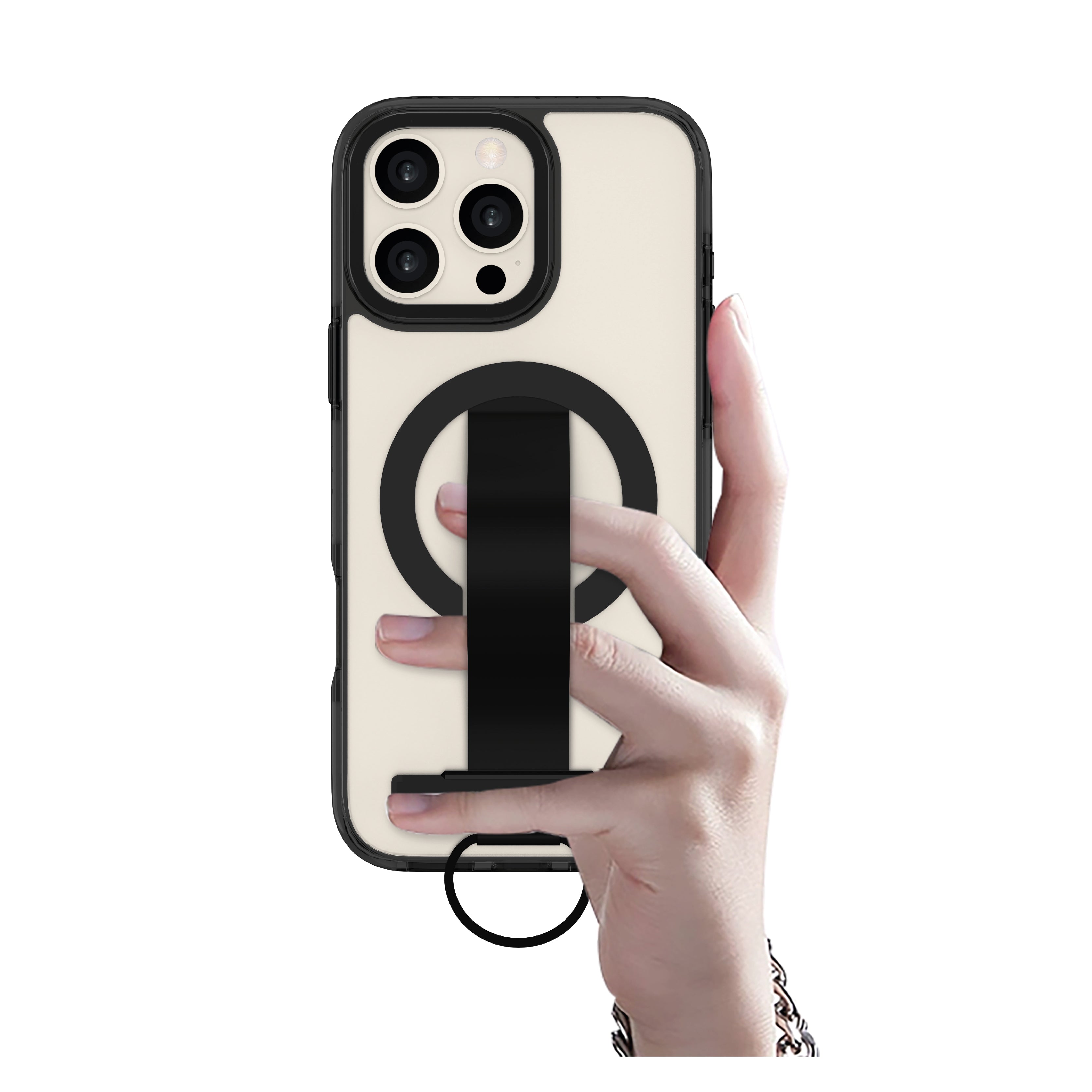 LZEL iPhone 16 Pro Primemag Grip Anti-drop Case With Metal Ring And Silicone Band Clear/Black