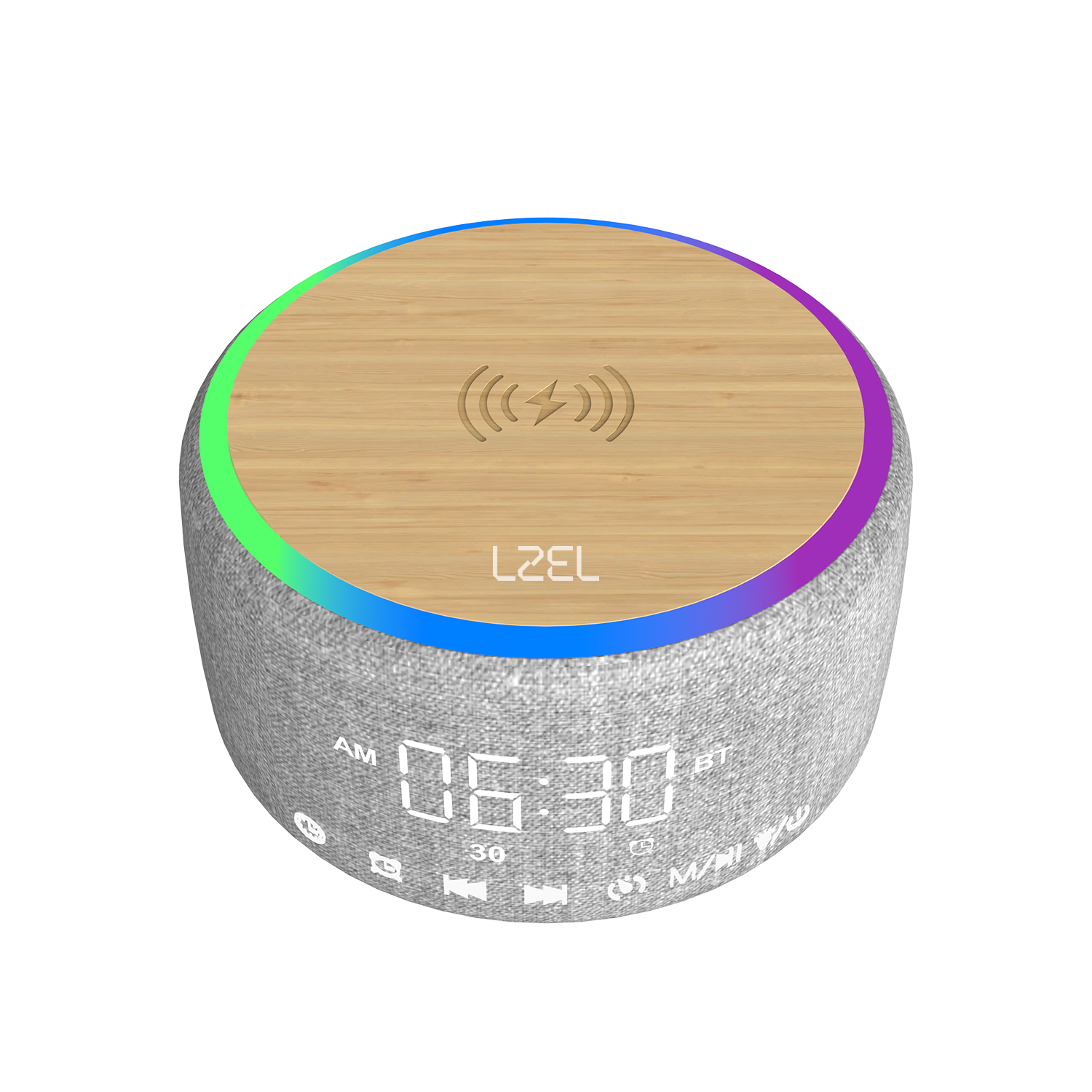 مكبر صوت LZEL SonicGlow Horizon Wake متعدد الوظائف - ساعة منبه وقاعدة شحن لاسلكية | خيزران/رمادي 
