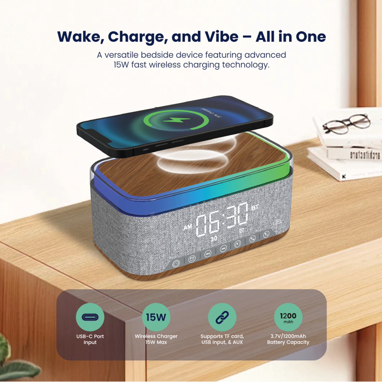LZEL SonicGlow Wake Multifunctional Speaker – Alarm Clock & Wireless Charging Dock | Bamboo/Gray