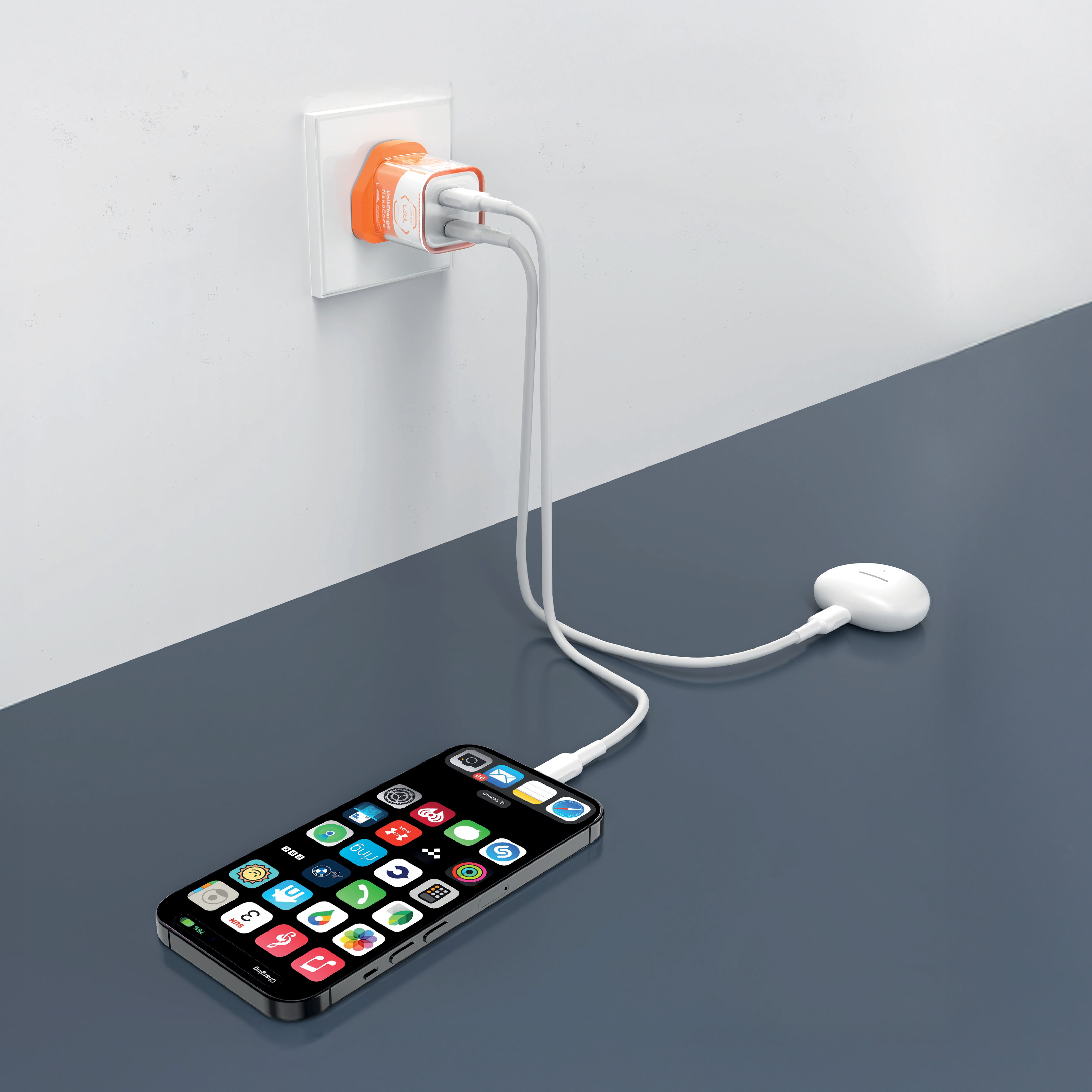 LZEL VoltCharge NanoCore – 30W GaN Transparent Wall Charger | Sky White / Dark Orange