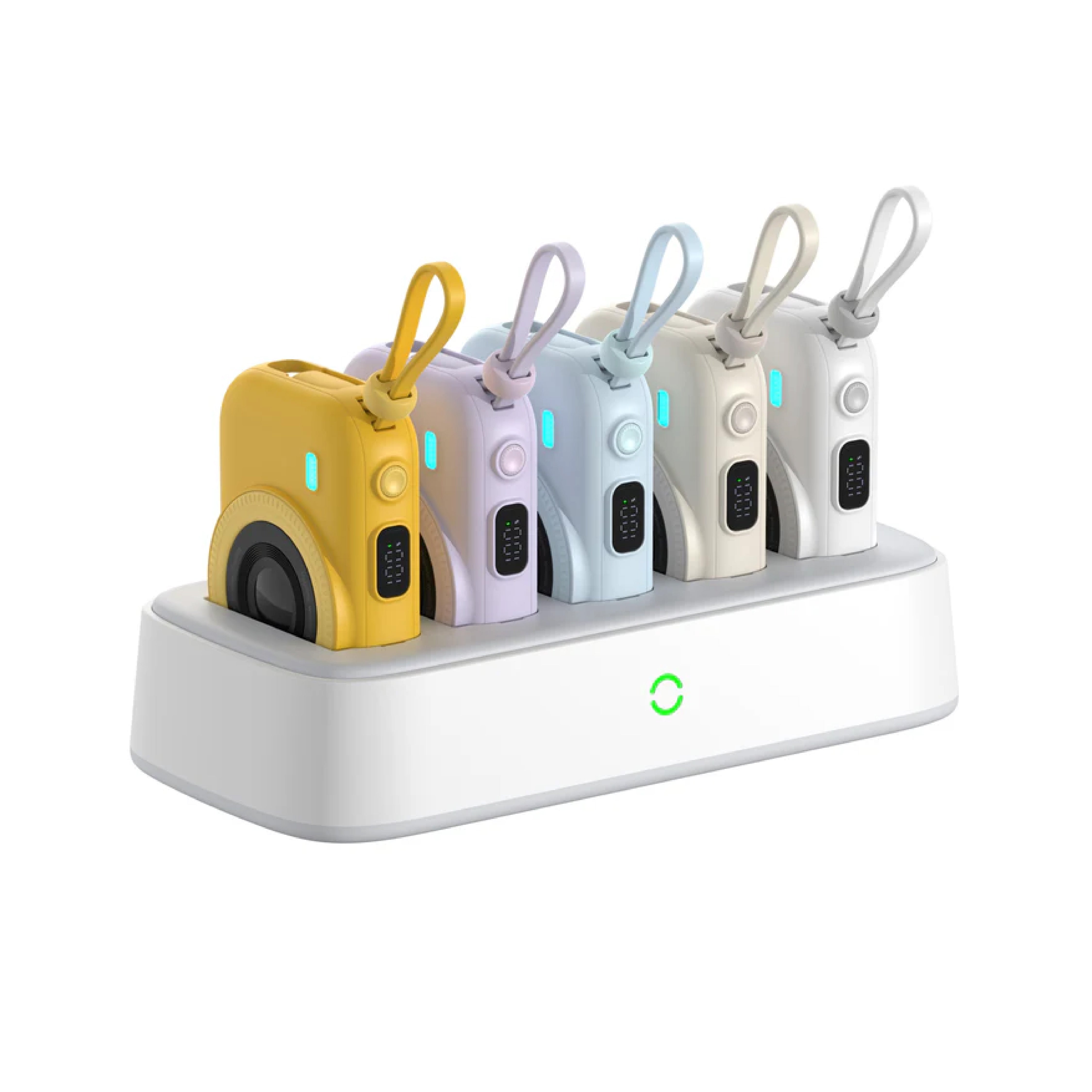 LZEL PentaEnergia Station - 5X 10,000mAh Wireless Power Bank Charging Dock with Colorful Batteries & Built-in Cable | White
