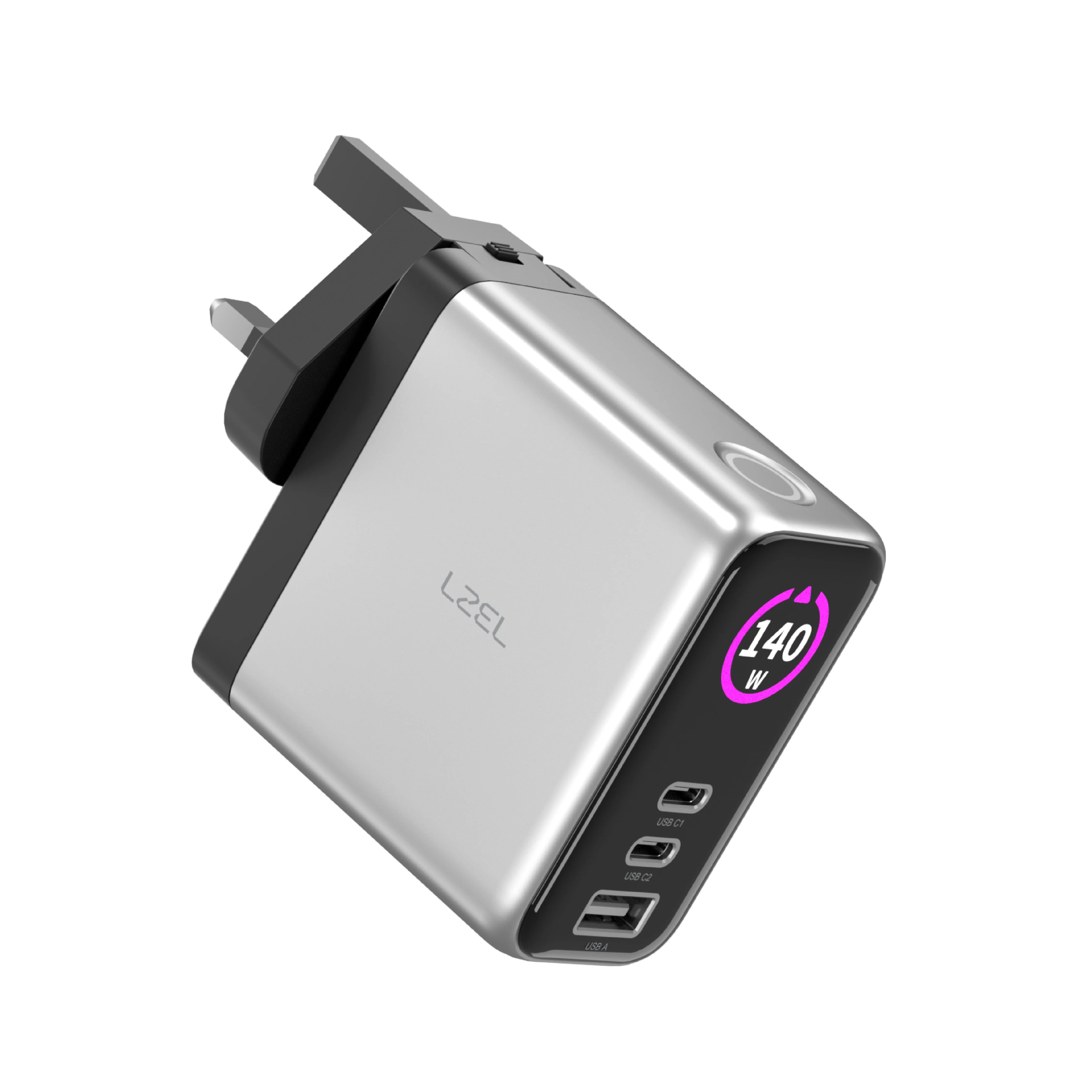 LZEL 140W GaN Travel Charger with 3-Port PD Digital Display & UK/EU/AU Plugs | Silver/Black