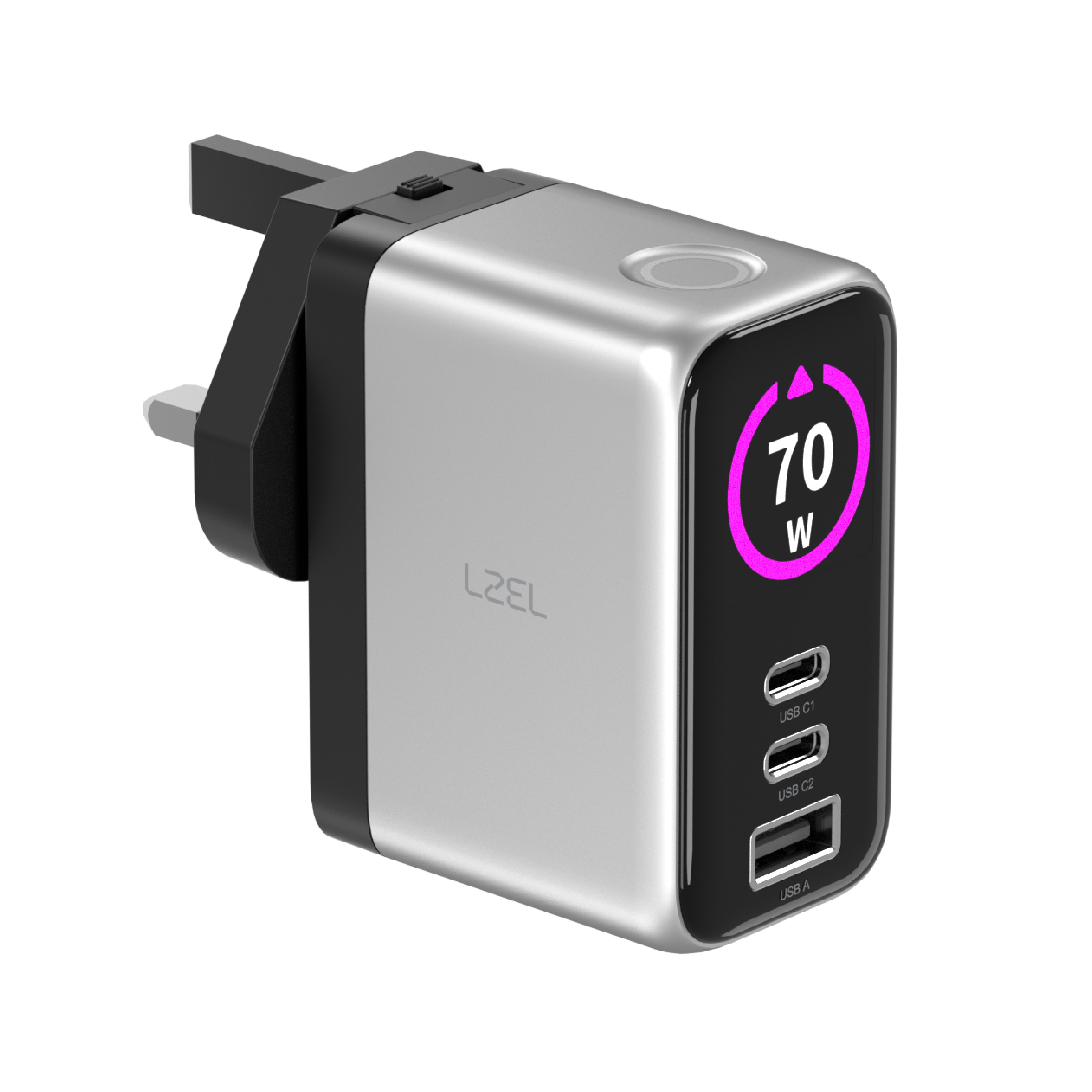 LZEL 70W GaN Travel Charger with 3-Port PD Digital Display & UK/EU/AU Plugs | Silver/Black