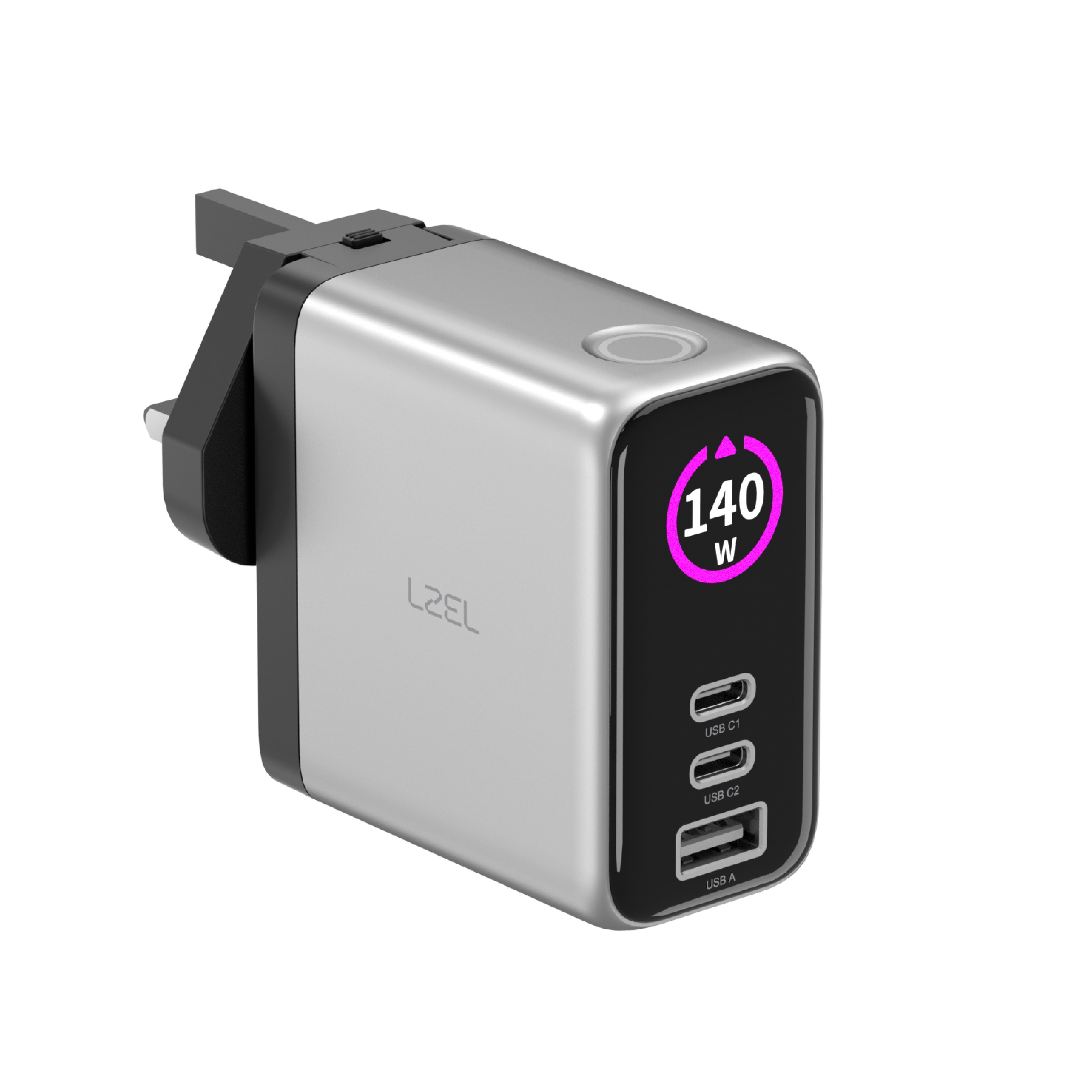 LZEL 140W GaN Travel Charger with 3-Port PD Digital Display & UK/EU/AU Plugs