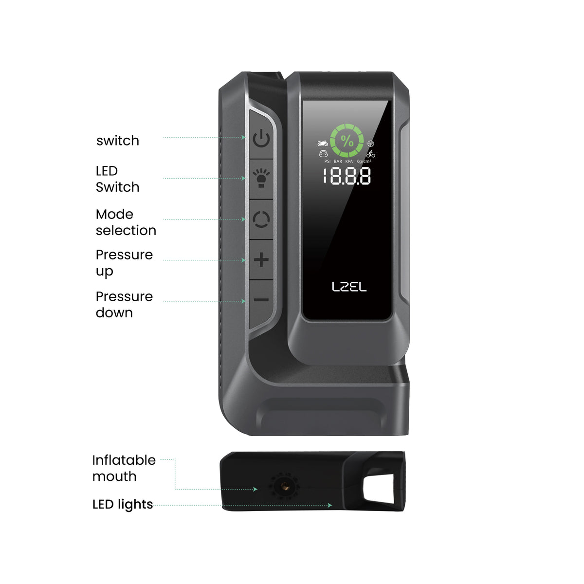 LZEL EnergizeIgnite Air 12000mAh 12V Car Jump Starter with LED Flashlight & Tire Inflator | Gray/Black