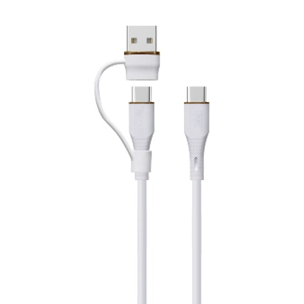 كابل سيليكون LZEL Celeris PowerDuo 2 في 1 USB-C إلى USB-C 100 واط (3 أمتار) مع موصل USB-A مدمج | أبيض 