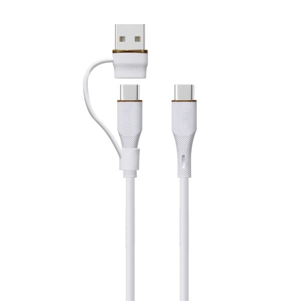 كابل سيليكون LZEL Celeris PowerDuo 2 في 1 USB-C إلى USB-C 100 واط (2 متر) مع موصل USB-A مدمج | أبيض 