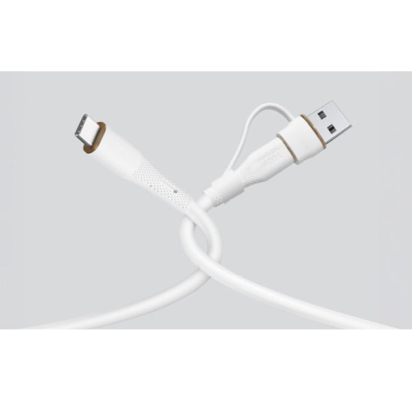 كابل سيليكون LZEL Celeris PowerDuo 2 في 1 USB-C إلى USB-C 100 واط (2 متر) مع موصل USB-A مدمج | أبيض 