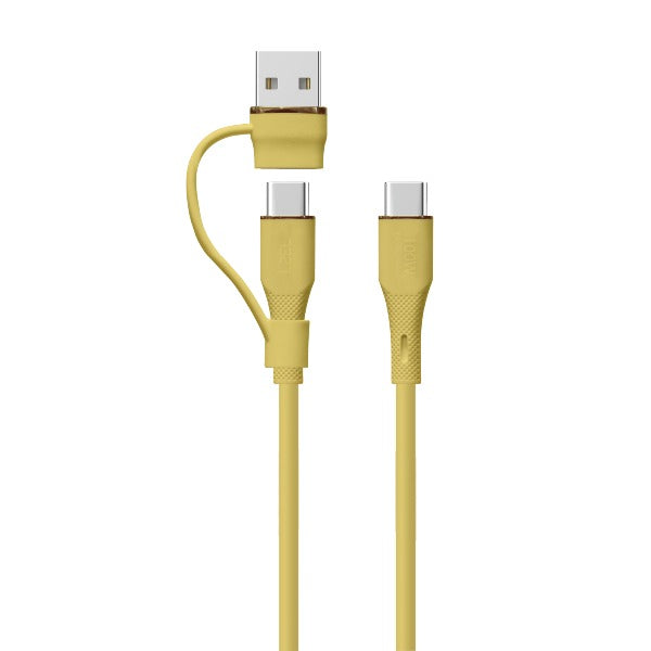 كابل LZEL Celeris Powerduo 2 في 1 USB-C إلى USB-C 100 واط سيليكون بطول متر واحد، مزود بموصل USB-A مدمج | أصفر 