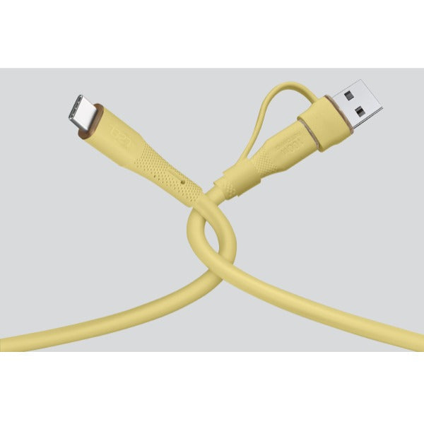 كابل LZEL Celeris Powerduo 2 في 1 USB-C إلى USB-C 100 واط سيليكون بطول متر واحد، مزود بموصل USB-A مدمج | أصفر 