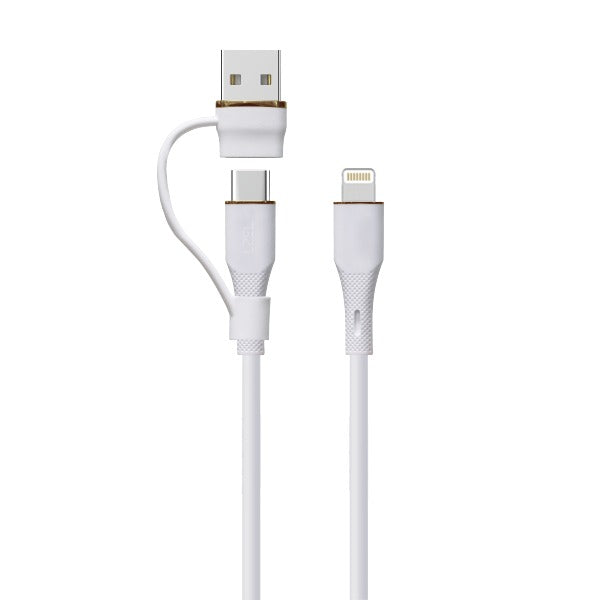 كابل سيليكون LZEL Celeris PowerDuo 2 في 1 من USB-C إلى Lightning بقوة 27 واط (3 أمتار) مع موصل USB-A مدمج | أبيض 