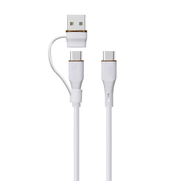 كابل سيليكون LZEL Celeris PowerDuo 2 في 1 USB-C إلى USB-C 100 واط (30 سم) مع موصل USB-A مدمج | أبيض 