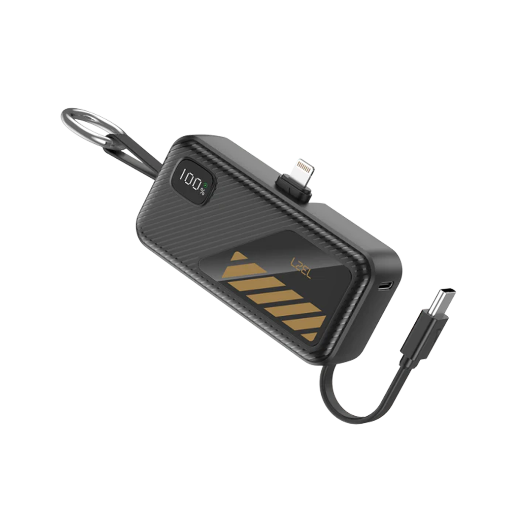 LZEL NanoFlux Charger Mini – 5,000mAh PD Lightning Power Bank with Built-in Type-C Cable | Black