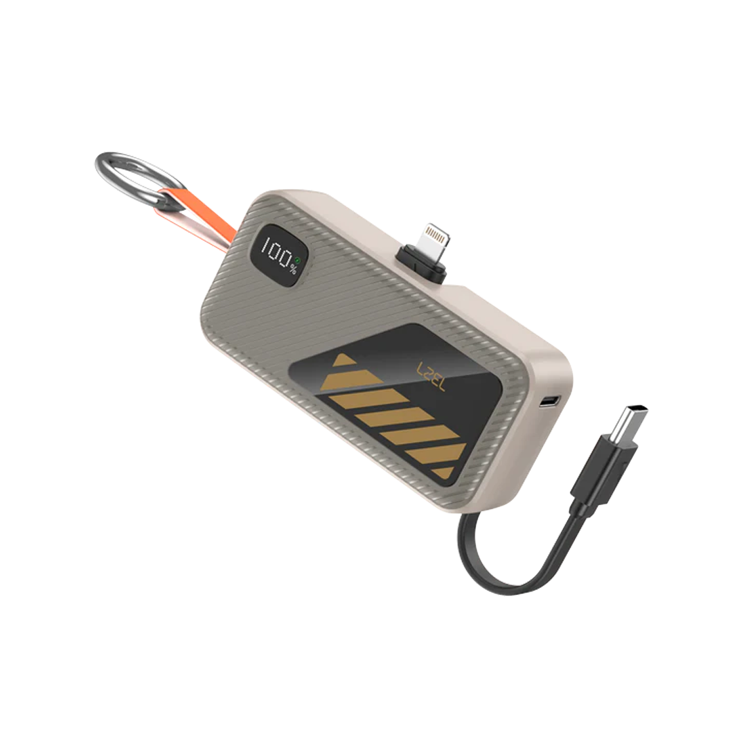 LZEL NanoFlux Charger Mini – 5,000mAh PD Lightning Power Bank with Built-in Type-C Cable | Gray