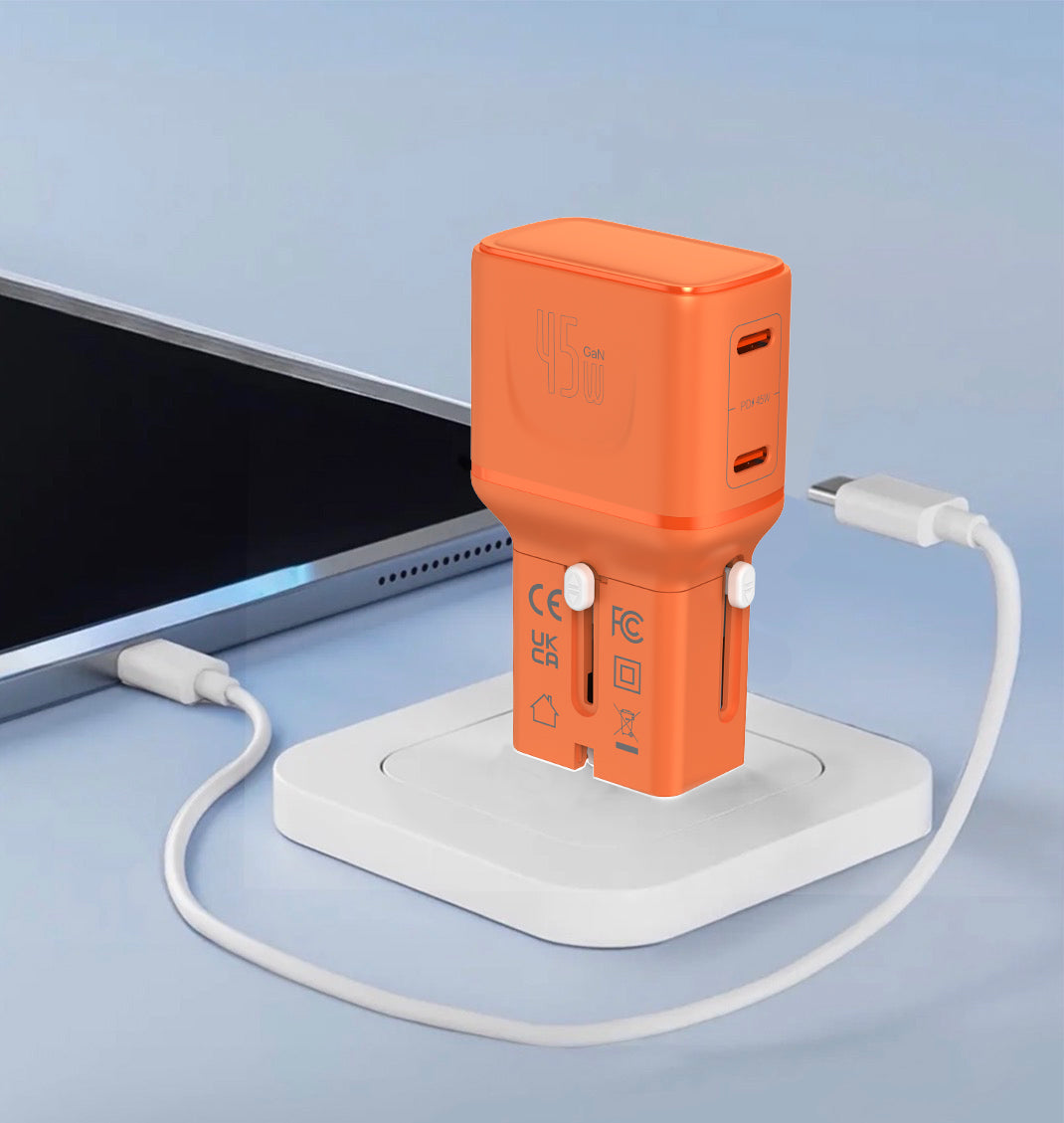 LZEL TravelPro Series Dual Port GaN Travel Wall Charger 45W I Dual Type-C Output I Global compatibility I Orange